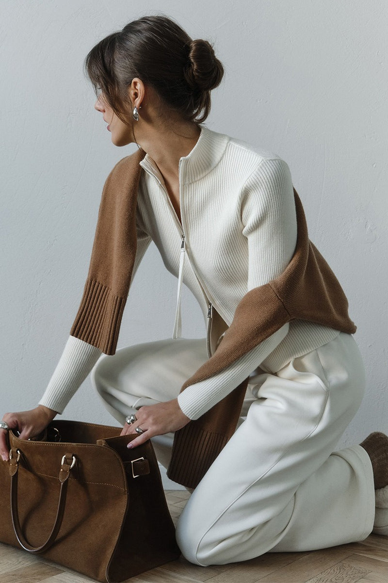 Knit Double Zipper Stand Collar  Blouse