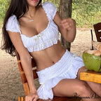 00s Cute Outfit Bow Trim Off Shoulder Crop Tops T-shirt + Ruffled Layered Mini Skirt Y2K Fairycore 2 Piece Set Women Clothes