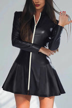 PU Leather Pleated Long Sleeve Mini Dress