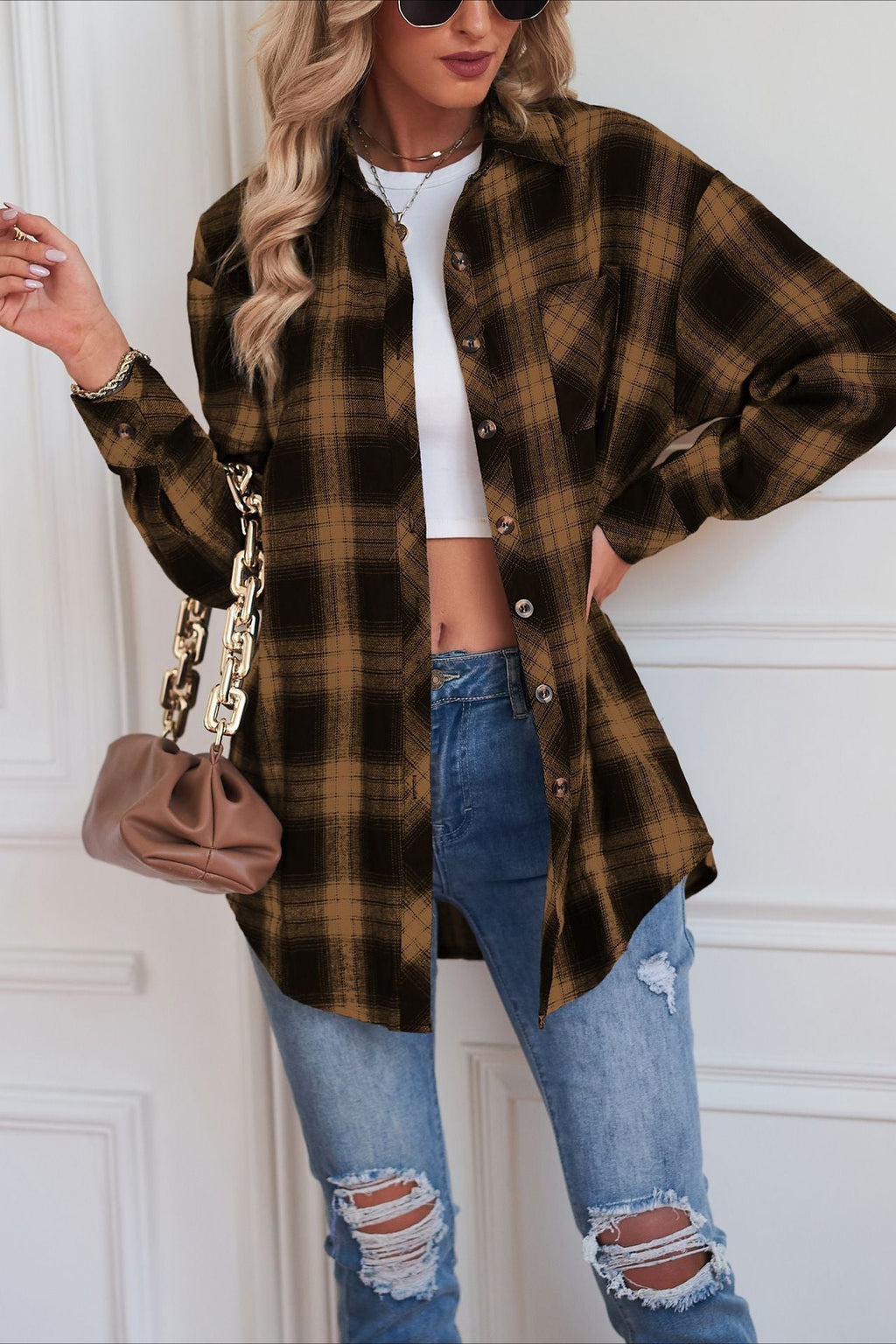 Casual Boyfriend Fit Plaid Collared Blouse