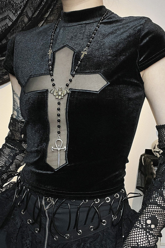 Gothic Cross Print Crop T-shirt
