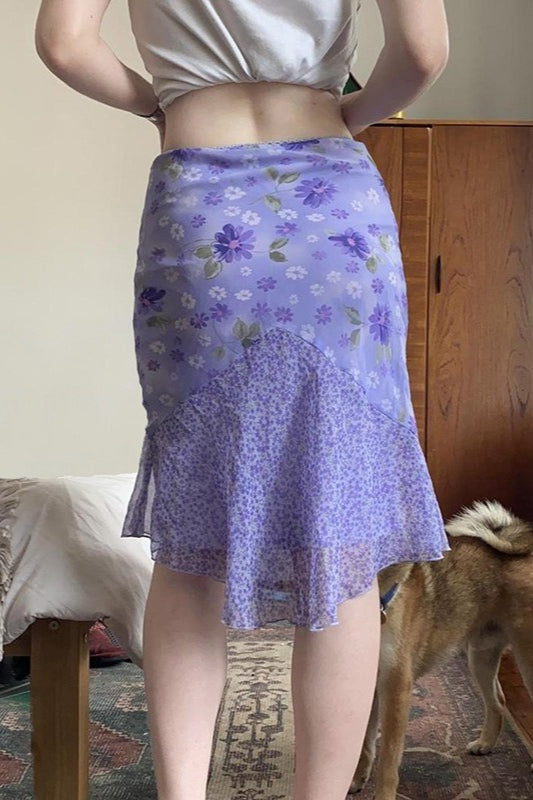 Purple Floral High-Waist Asymmetrical Skirt