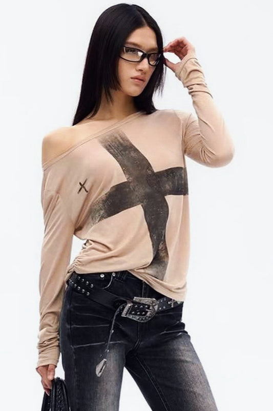 Cross Print Asymmetrical T-Shirt