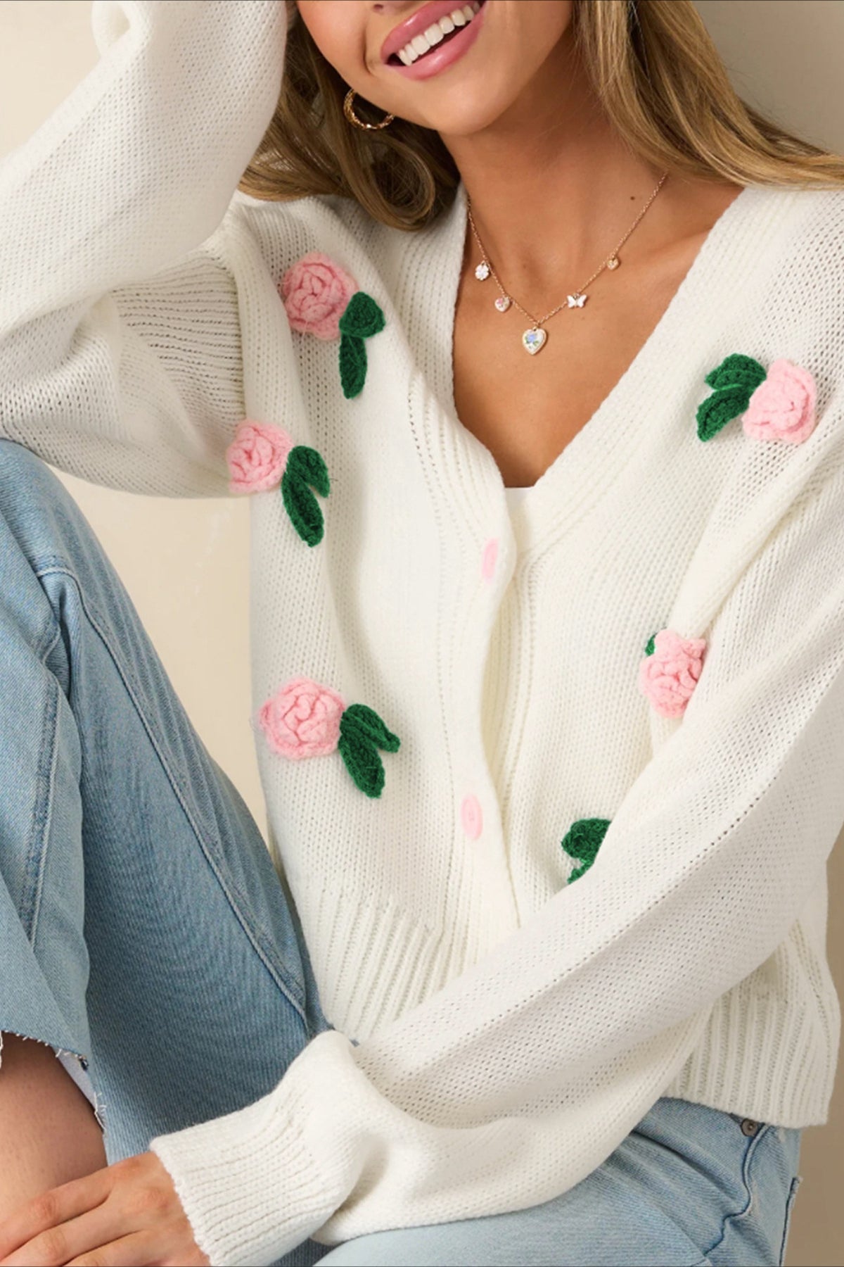3D Flower Buttoned Knit Cardigan
