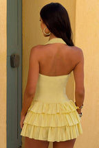 Solid Color Halter Waist-Tie Puff Mini Dress