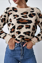 Crew Neck Leopard Pattern Knit Sweater