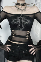 Gothic Rhinestone Cross Mesh T-Shirt