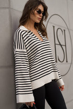 Striped Polo Neck Loose Fit Knit Sweater