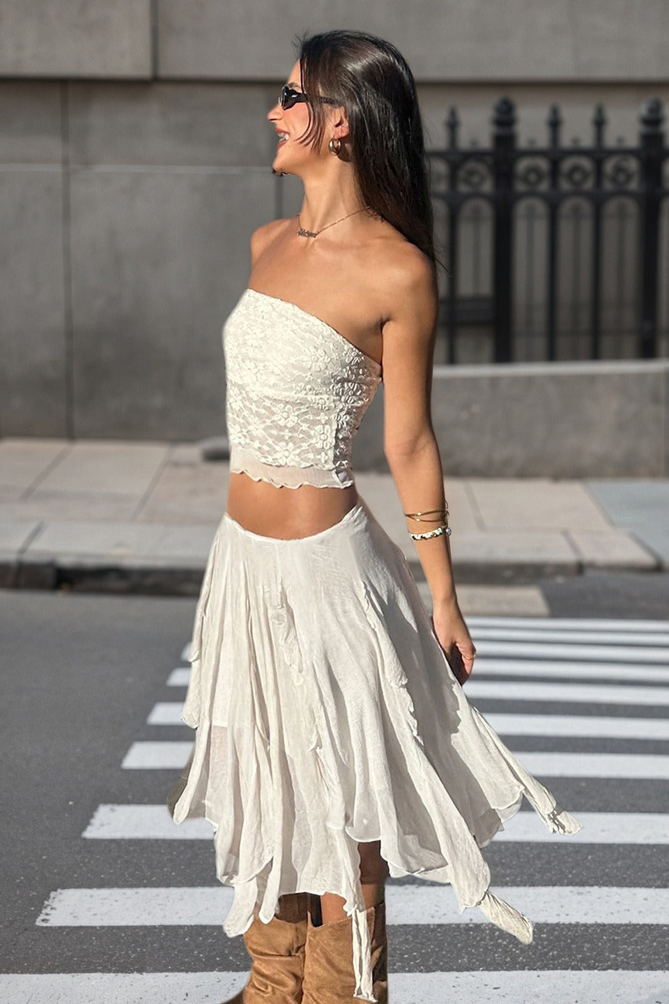 Ruffled Mesh Asymmetrical Midi Skirt