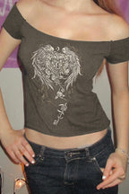 Y2K Wing Graphic Off-Shoulder T-Shirt