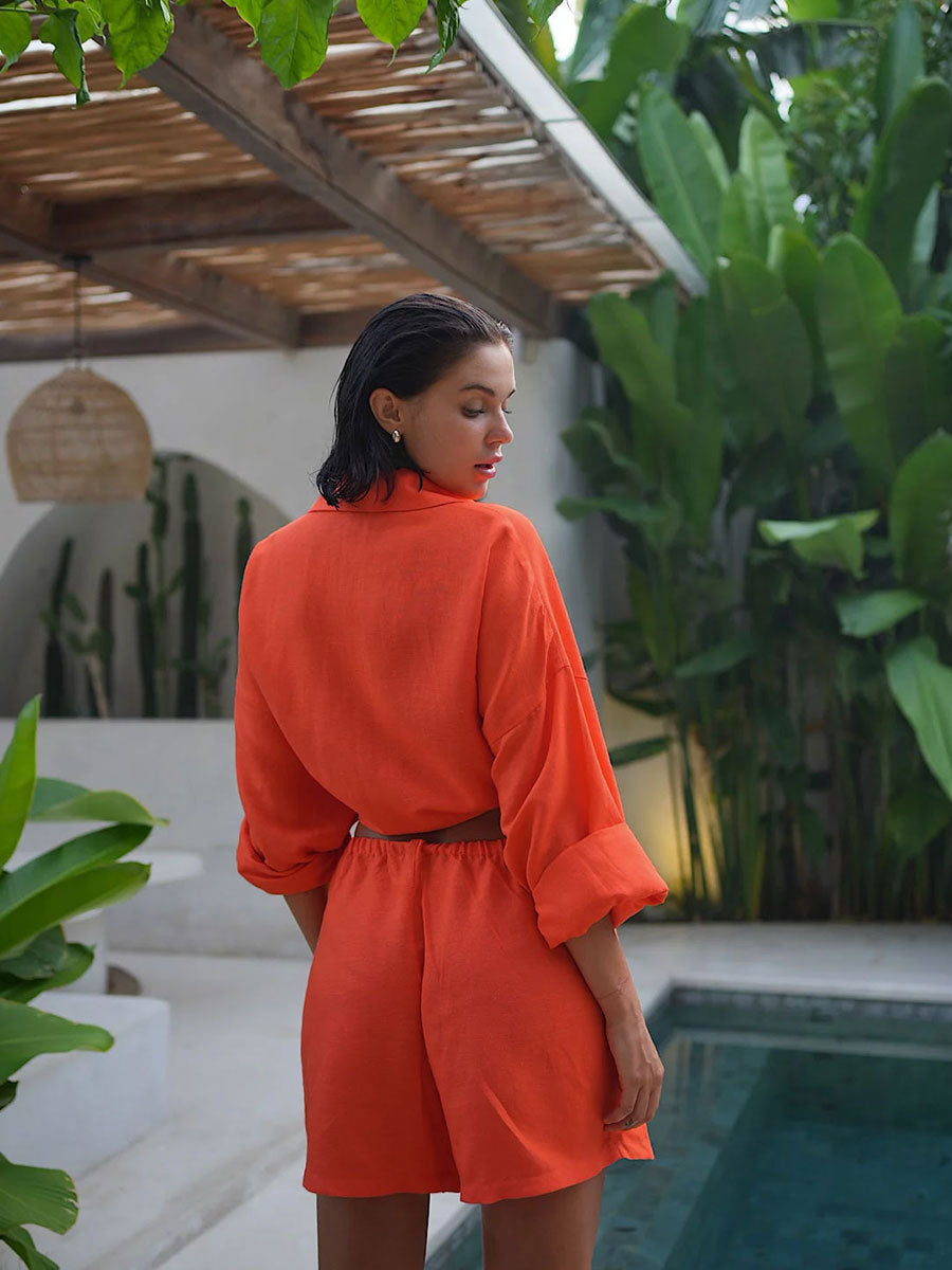 Long Sleeve Shirt Shorts Set Blouse