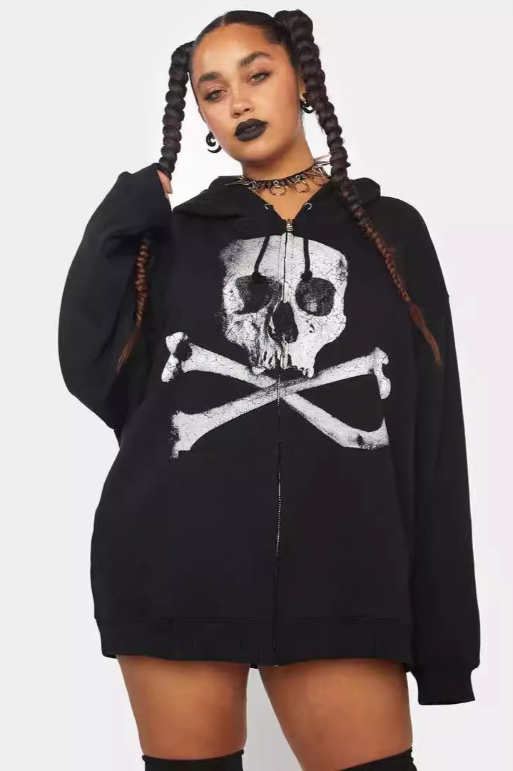 Skull Print Zip Up Hoodie