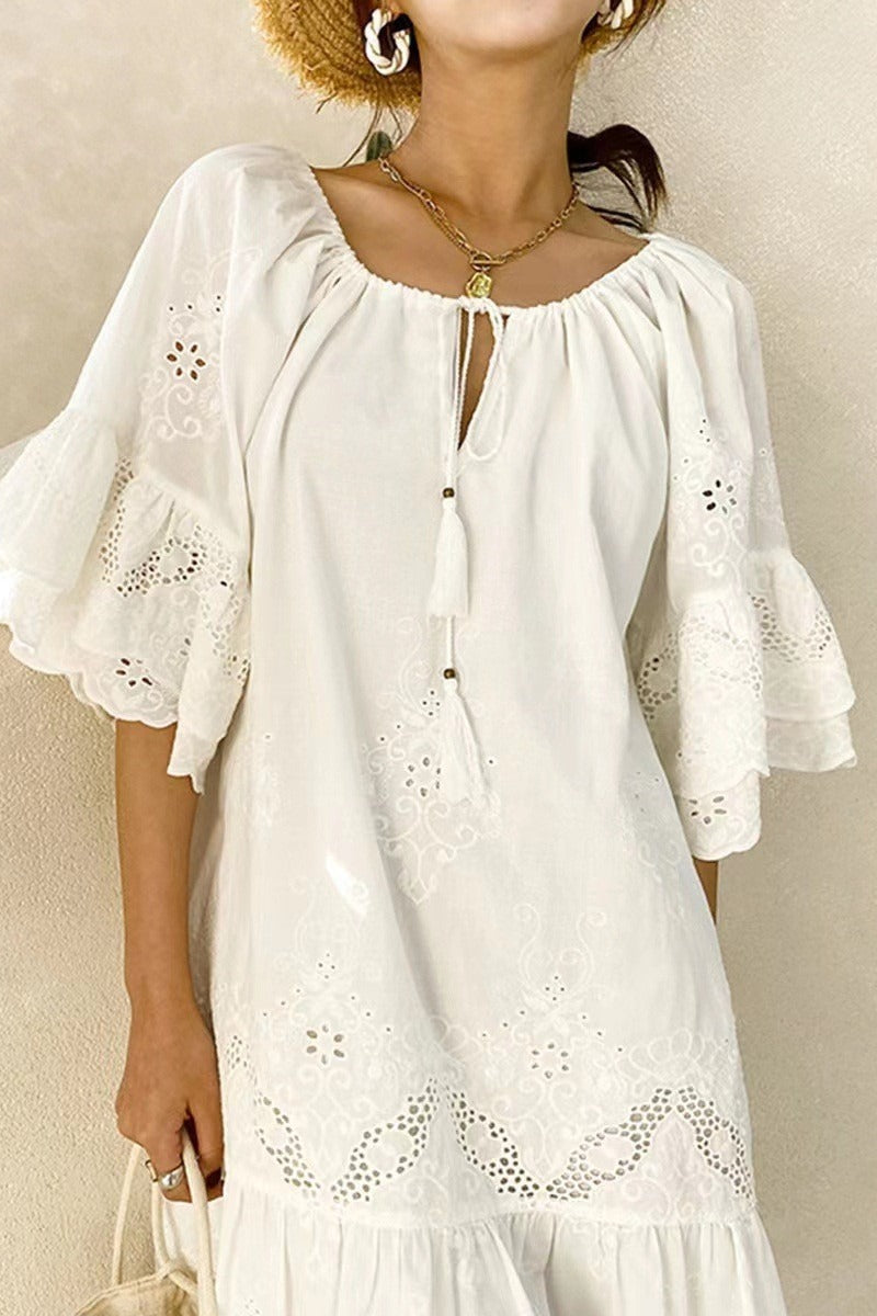 White Cotton Lace Boho Dress