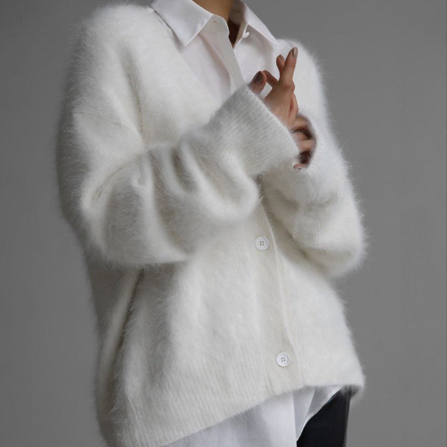V-Neck Mink Wool Knit Cardigan