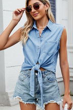Washed Denim Tie Front Crop Blouse