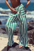 Beach Style Striped Drawstring Wide Leg Pants