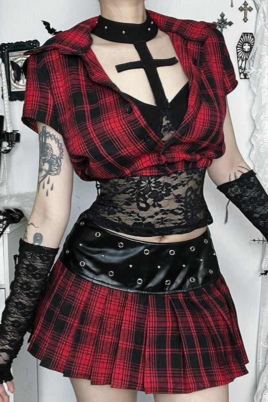 Gothic Red Plaid Short Sleeve Blouse