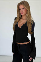 Vintage Lace Trim V-Neck Slim Fit Long Sleeve Blouse