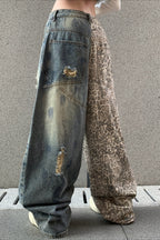 Leopard Print Ripped Wide Leg Jeans