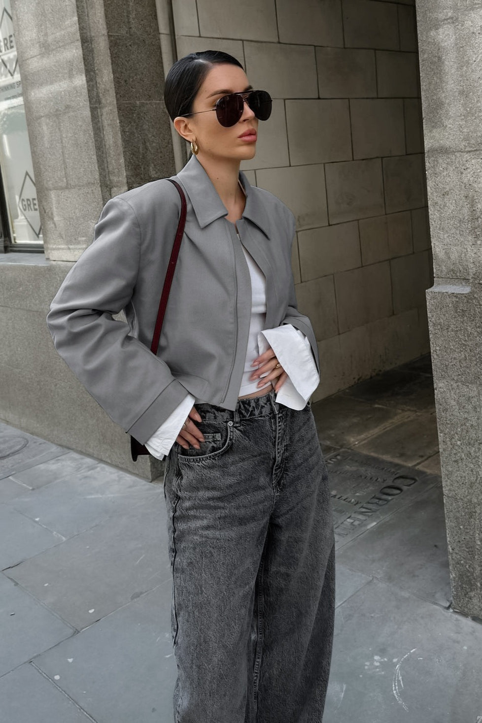Gray Cropped Long Sleeve Jacket