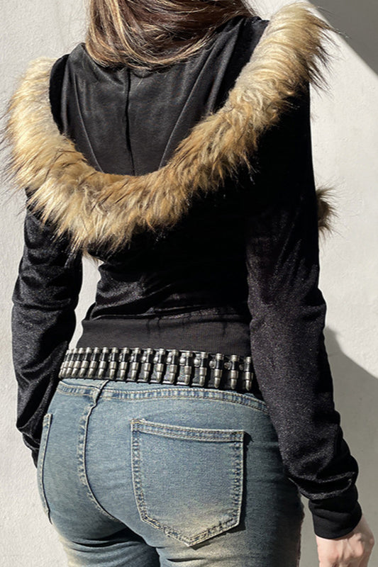 Faux Fur Velvet Zip Up Hoodie