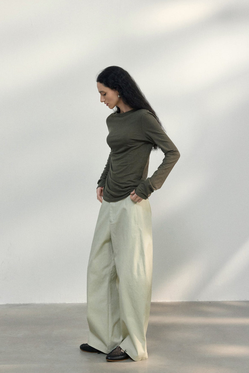 Fitted Textured Pleated Cotton Linen Knit Sweater