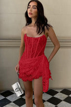 Lace Sheer Patchwork Strapless Floral Dress