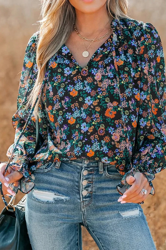 Floral V-Neck Ruffled Sleeve Blouse