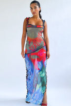 Fashionable Sheer Letter Print Red Lip Maxi Dress