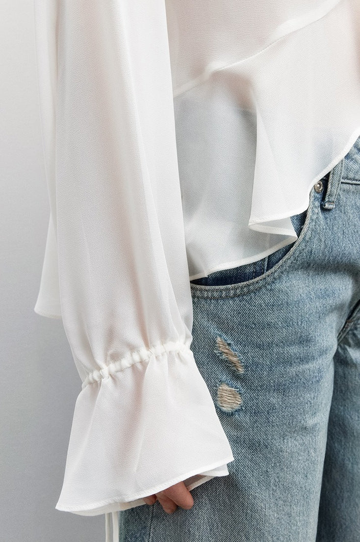 Drawstring Mock Neck Chiffon Blouse