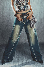 Low Rise Frayed Hem Straight Leg Jeans