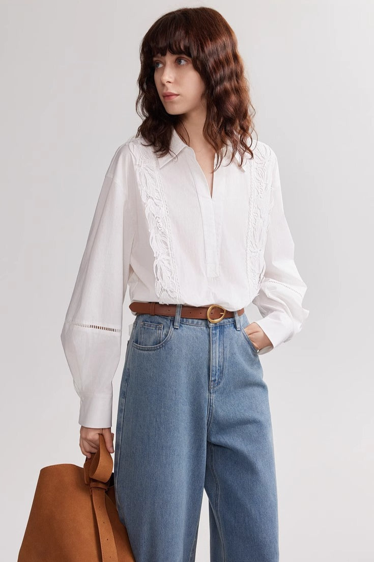 French Style White Lace Embroidered Loose Blouse