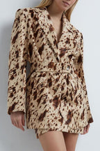 Brown Printed Long Sleeve Blazer Coat