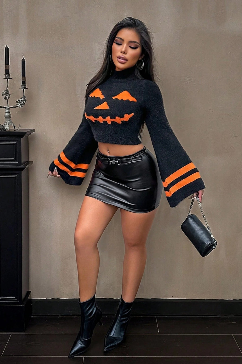 Striped Pumpkin Crop Knit Sweater