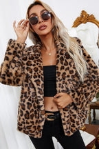 Fleece Leopard Zebra Print Notch Collar Coat