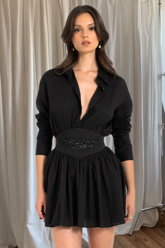 Embroidered Ruffle Waist Shirt Mini Dress