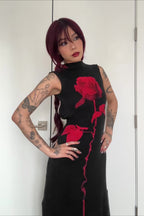 Dark Rose Floral High Neck Sleeveless Side Slit Bodycon Maxi Dress