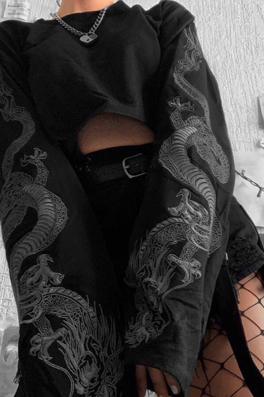 Dragon Print Cropped Hip Hop Hoodie