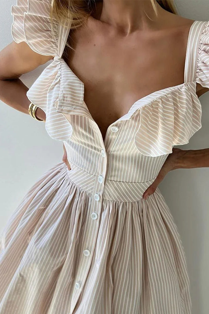 Ruffle Striped Square Collar Floral Dress