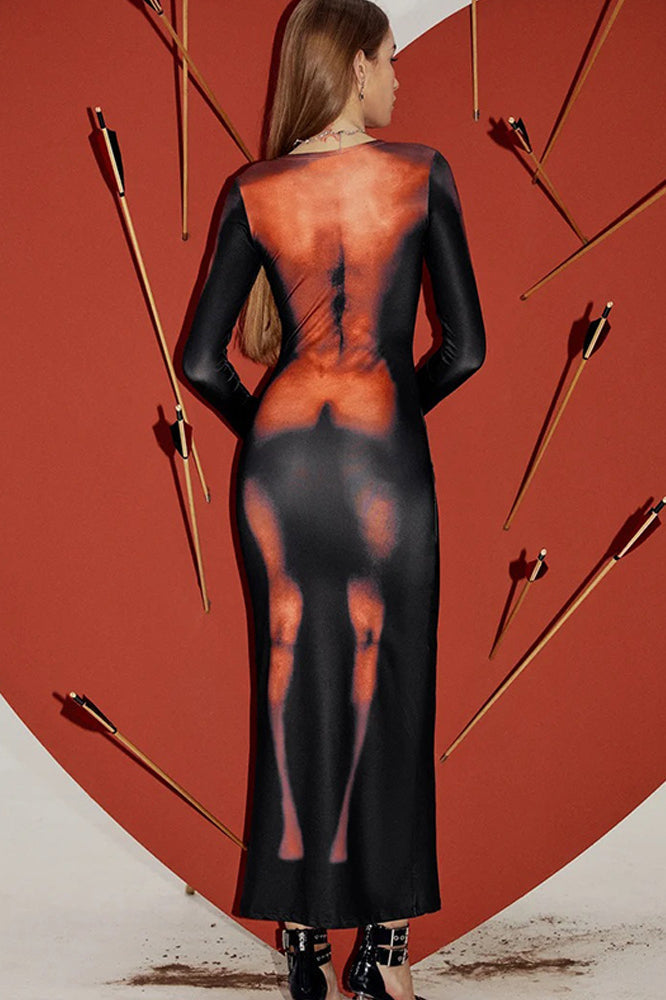 Sexy 3D Body Print Long Sleeve Maxi Dress