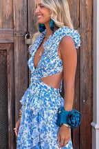 Ruffle Trim Deep V Floral Dress