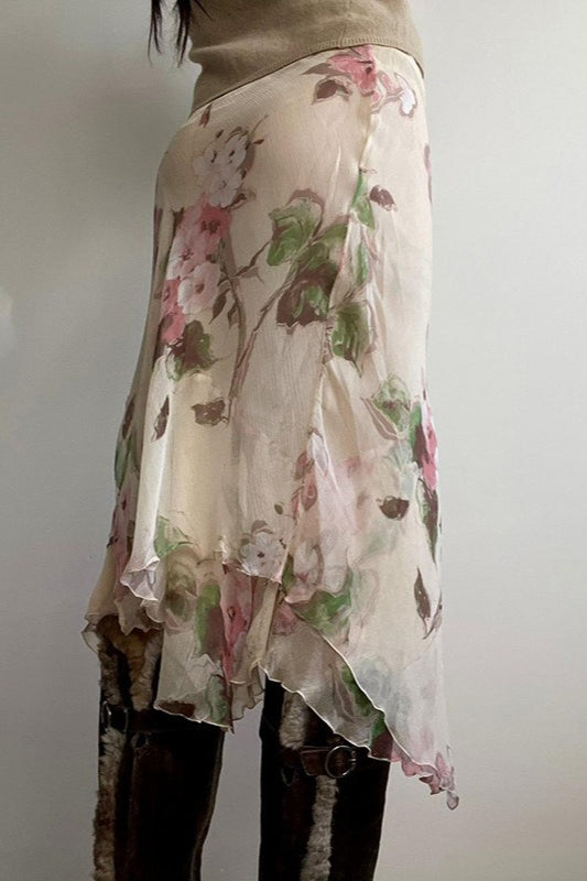 Color-Blocked Floral Print Bodycon Midi Skirt