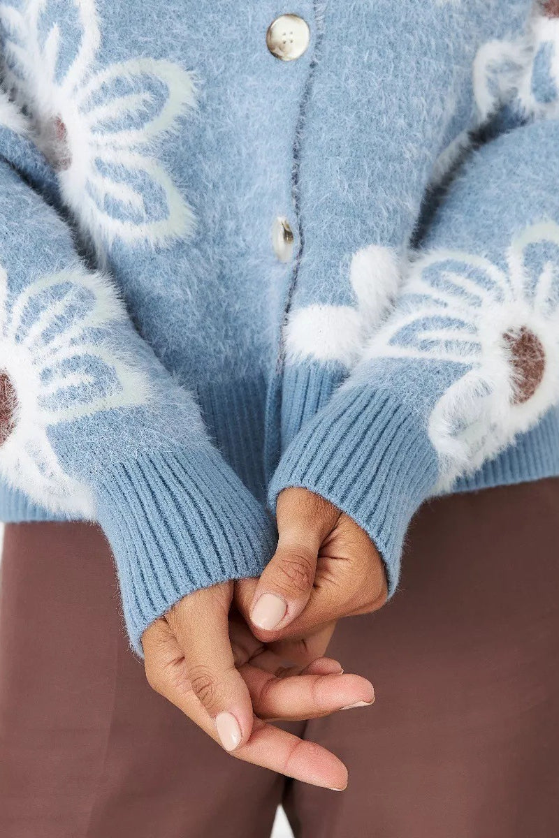 Floral V-Neck Knit Long Sleeves Cardigan