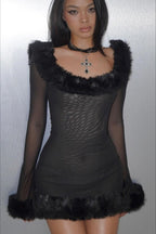 Wool Collar Off-Shoulder Long Sleeve Bodycon Mini Dress