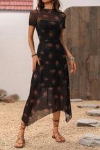 Gothic Dark Floral Print Short Sleeve Floral Dress