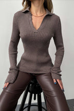 Polo Neck Fitted Ribbed Knit Sweater