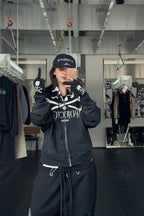 Washed Skeleton Print Zip Up Hoodie