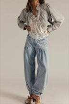 Ruched Mid Rise Wide Leg Jeans