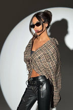 Plaid Distressed Collared  Blouse