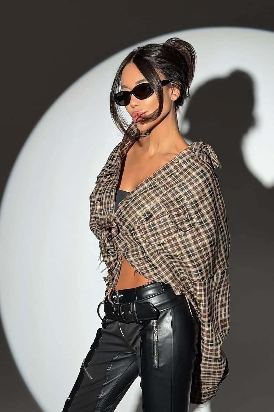 Plaid Distressed Collared  Blouse